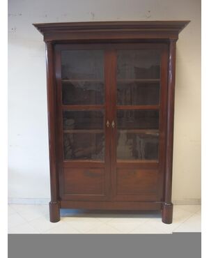 LIBRERIA A DUE PORTE IN MOGANO CON COLONNE PIENE STILE IMPERO EPOCA PRIMI 800 cm L148xP45xH228