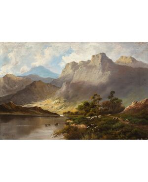 J. M. Ducker (British, early 20th century) - Mountain landscape with lake and sheep.