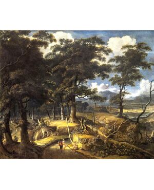 Wooded landscape with travelers and village