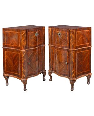 Pair of walnut and carob veneered bedside tables. Venice, mid 18th century.