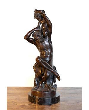 Bronze sculpture of a male nude with child – Ferdinando De Luca, Naples, late 19th century