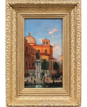 Pittore veneziano (datato 1892) - Venezia, veduta del campo SS. Giovanni e Paolo con la statua del Colleoni.