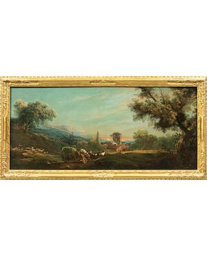 Antonio Diziani (Venice 1737 - Venice 1797) - Bucolic landscape with figures and cart.