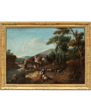 Giuseppe Zais (Forno di Canale 1709 - Treviso 1784) - Landscape with shepherds and ruined bridge.