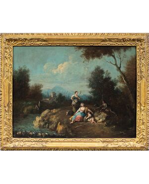 Giuseppe Zais (Forno di Canale 1709 - Treviso 1784) - Landscape with shepherds and spinner.