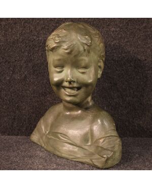 Scultura in terracotta dipinta tinta bronzo busto di bambino