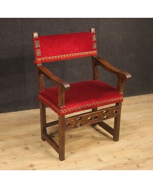 Antique Italian walnut armchair with red fabric from 19th century
