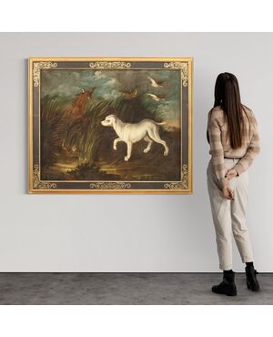 Antique painting from 18th century landscape with dog