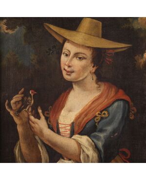 Italian framework portrait of a girl with a goldfinch from 18th century