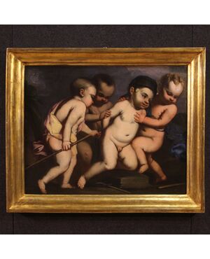 Italian antique painting cherub games from the 17th century