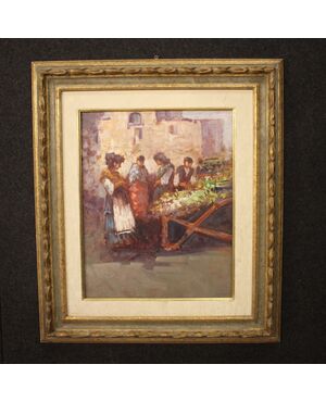 Dipinto italiano scena popolare con personaggi del XX secolo