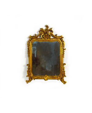 Piccola specchiera in legno intagliato, scolpito e dorato, XIX secolo