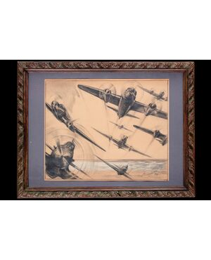 Duilio Barnabè (Bologna 1914 - French Alps, Chamonix-Mont-Blanc 1961), Drawing depicting airplanes in flight, 1939