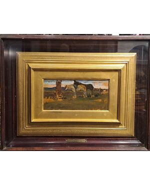 HORSES IN LANDSCAPE - OIL ON PANEL - GIOVANNI BARTOLENA (Livorno 1866 – 1942)