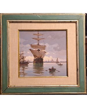 MARINA CON VELIERO - RENUCCIO RENUCCI (LIVORNO 1880 - 1947)