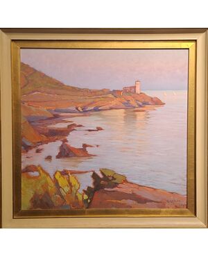 MARINA CON SCOGLIO E TORRE AL TRAMONTO - RENUCCIO RENUCCI (1880 - 1947)
