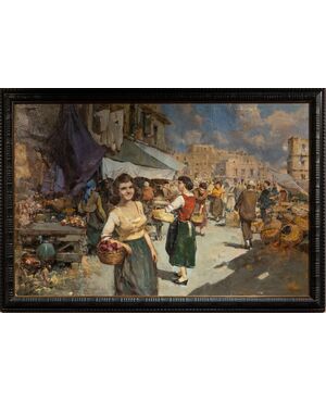 Mercato napoletano - Dipinto firmato - XX secolo - olio su tela