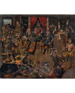 Rare and singular oriental painting depicting torture inflicted on the defeated - Probable 17th century - oil on canvas