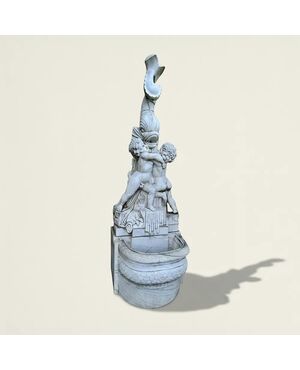 
Fontana da muro in marmo bianco con putti e delfino, XX secolo