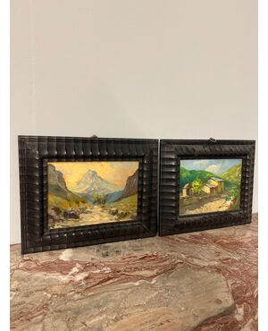 Antica coppia di dipinti olio su tavola, '800, 29x32cm, paesaggi di montagna, firmato.