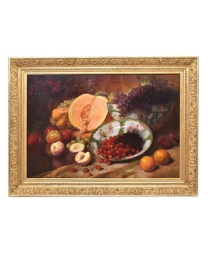 DIPINTI ANTICHI, NATURA MORTA CON FRUTTA, UVA, CILIEGIE, PESCHE E ZUCCA, OLIO SU TELA, XIX SECOLO. (QNM666)