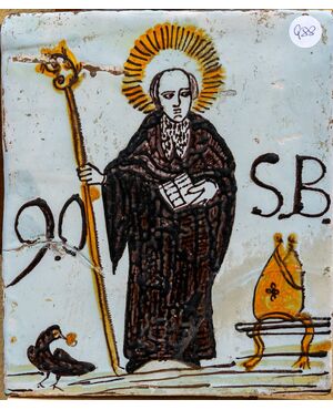 Mattonella  con San Benedtto - Manifattura Laterza - XIX secolo