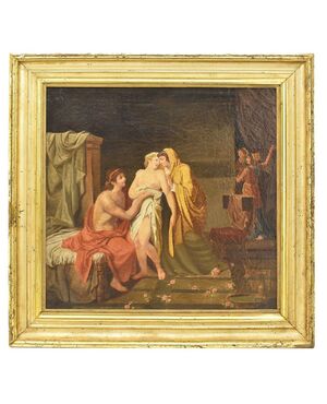 QUADRI ANTICHI, MITOLOGIA GRECA, PARIDE ED ELENA CON AFRODITE, OLIO SU TELA, OTTOCENTO. (QM245)