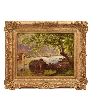 DIPINTI ANTICHI PAESAGGI CON FIUME, EDMOND HIS, OLIO SU TELA, PRIMI DEL NOVECENTO. (QP703)