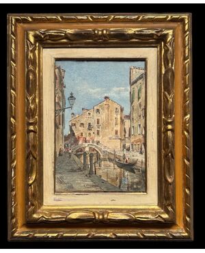 Tempera painting on cardboard depicting a Venetian view. Signed.