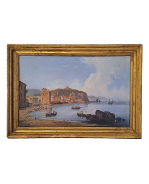 "SEASCAPE WITH FORTIFIED VILLAGE AND FIGURES" - OIL ON CANVAS - 19TH CENTURY