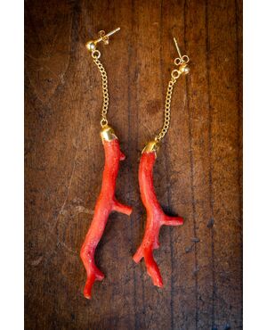 Red Coral Pendant Earrings - 19th Century