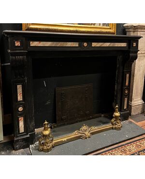 CHM901 - Black marble fireplace with inlays, 19th century, dimensions cm W 144 x D 37 x H 107
