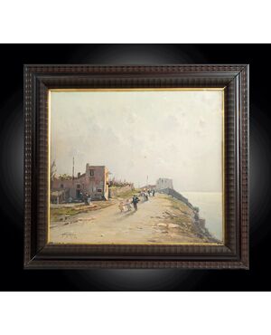 Antique oil on canvas painting with contemporary frame signed "Nicolas De Corsi 1882-1956" depicting a coastal strip.