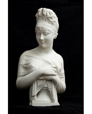 Scultura antica in marmo bianco statuario raffigurante Madame Recamier. Francia XIX secolo.