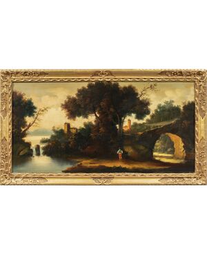 Pittore italiano (XIX-XX sec.) - Paesaggio fluviale con bosco e cittadina.