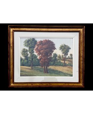 Tempera painting on cardboard with woodland landscape. Bruno Furlotti signature.