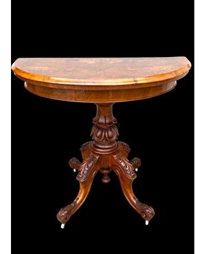 Walnut veneer burr game console table with inlay.