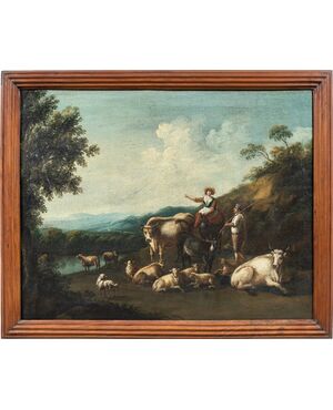 Pittore italiano (XVIII sec.) - Paesaggio arcadico con pastori e gregge.