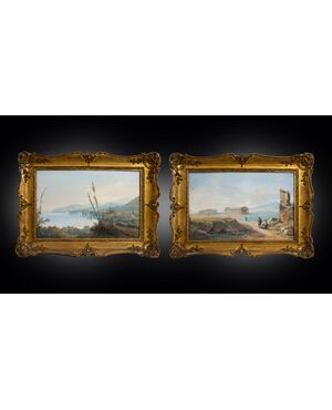 Coppia di Gouaches antichi Napoletani raffigurante i templi di Paestum e veduta della penisola Sorrentina 19secolo.