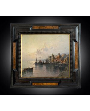 Antique oil on panel painting with contemporary frame signed "Nicolas De Corsi 1882-1956" depicting a view of Torre del Greco.