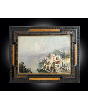 Antique oil painting on canvas with coeval frame signed "Nicolas De Corsi 1882-1956" depicting a view of the Amalfi Coast.