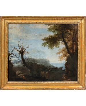 Circle of Alessio de Marchis (Naples 1684 - Perugia or Urbino 1752) - Arcadian landscape with shepherds and flock.