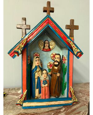 Contemporary 20th century artwork, wood sculpture and Nativity hut, 64x46x23cm