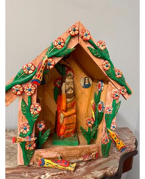 Contemporary painted wood artwork, Nativity scene with Jesus, 56x57x30cm