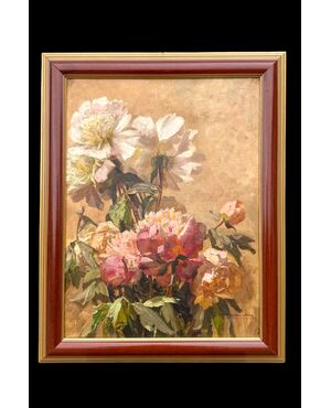 Oil painting on canvas depicting flowers. Signed.