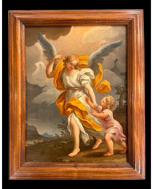 Oil painting on canvas depicting a Guardian Angel with child.