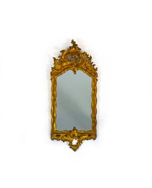 Small carved, sculpted and gilded wooden mirror, 18th century