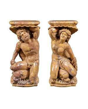 Pair of yellow marble vase-holder sculptures - Poseidon and Amphitrite. Italy, 19th-20th century.