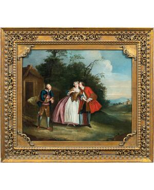 Seguace di Nicolas Lancret (Parigi 1690 - Parigi 1743) - Scena galante in un paesaggio.