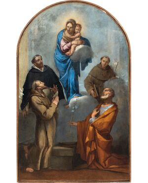 Giulio Carpioni (Venezia 1613 - Vicenza 1678) - Madonna con Bambino tra i santi Giuseppe, Francesco, Domenico e Antonio da Padova.